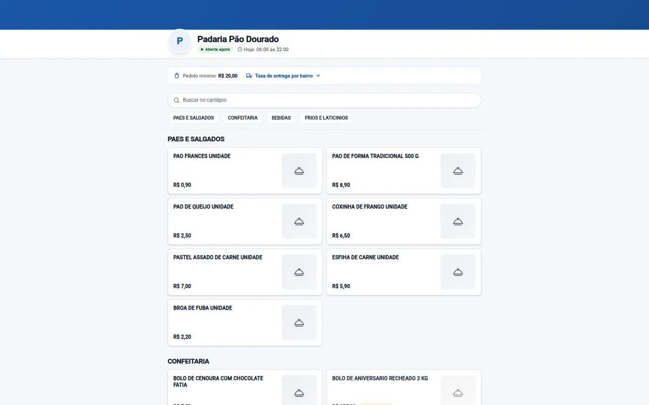 Tela de cardápio online do VirtualWeb para alimentação, com dados de demonstração
