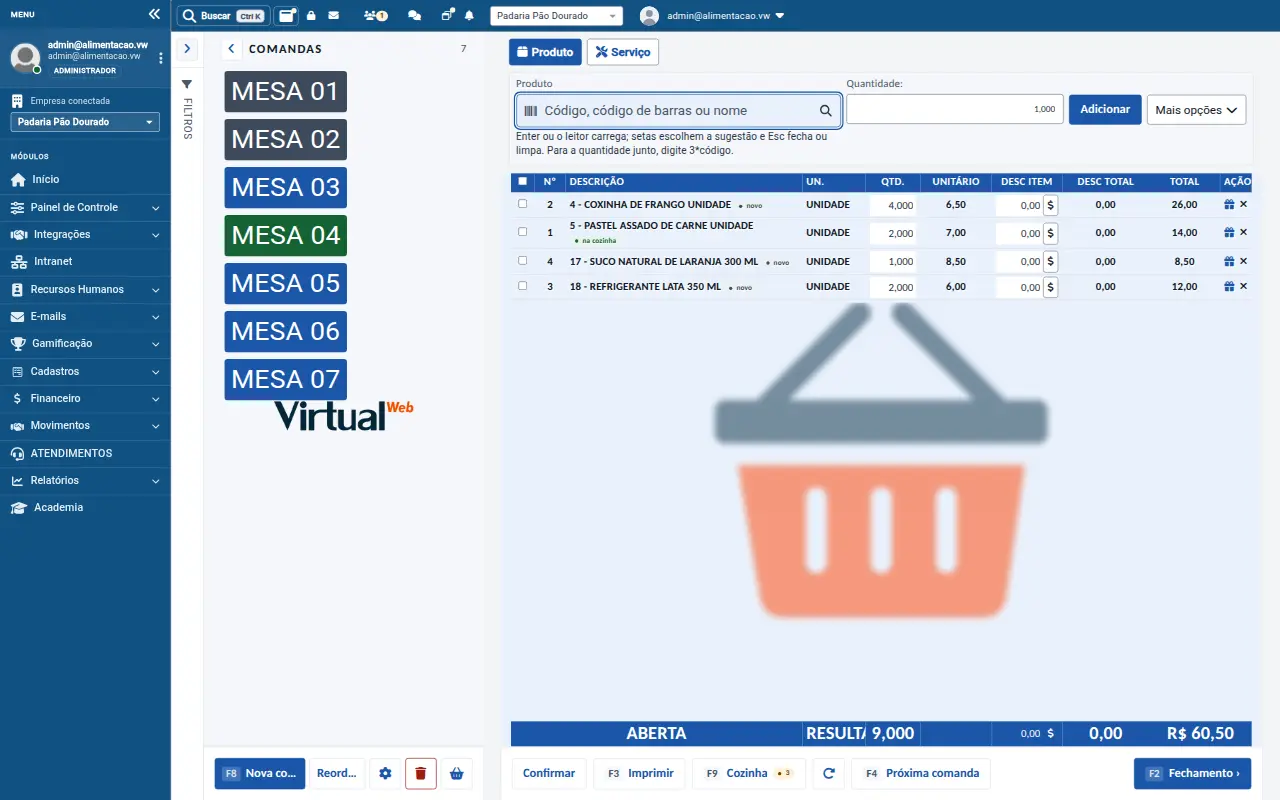 Tela de comanda e cozinha do VirtualWeb para alimentação, com dados de demonstração