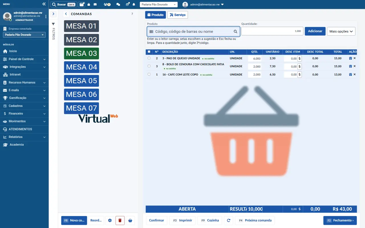 Tela de mesas e comandas do VirtualWeb para alimentação, com dados de demonstração
