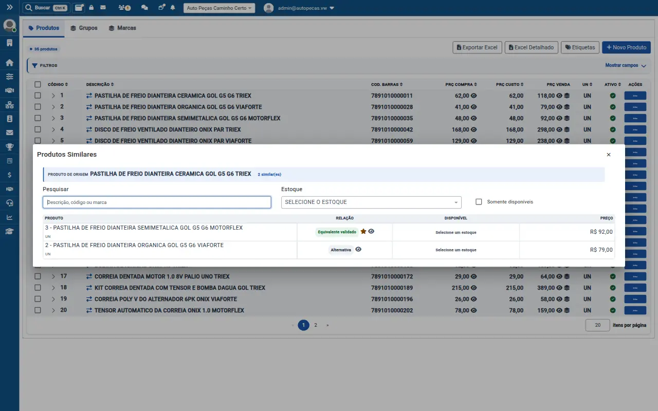 Tela de similares e aplicação do VirtualWeb para autopeças, com dados de demonstração