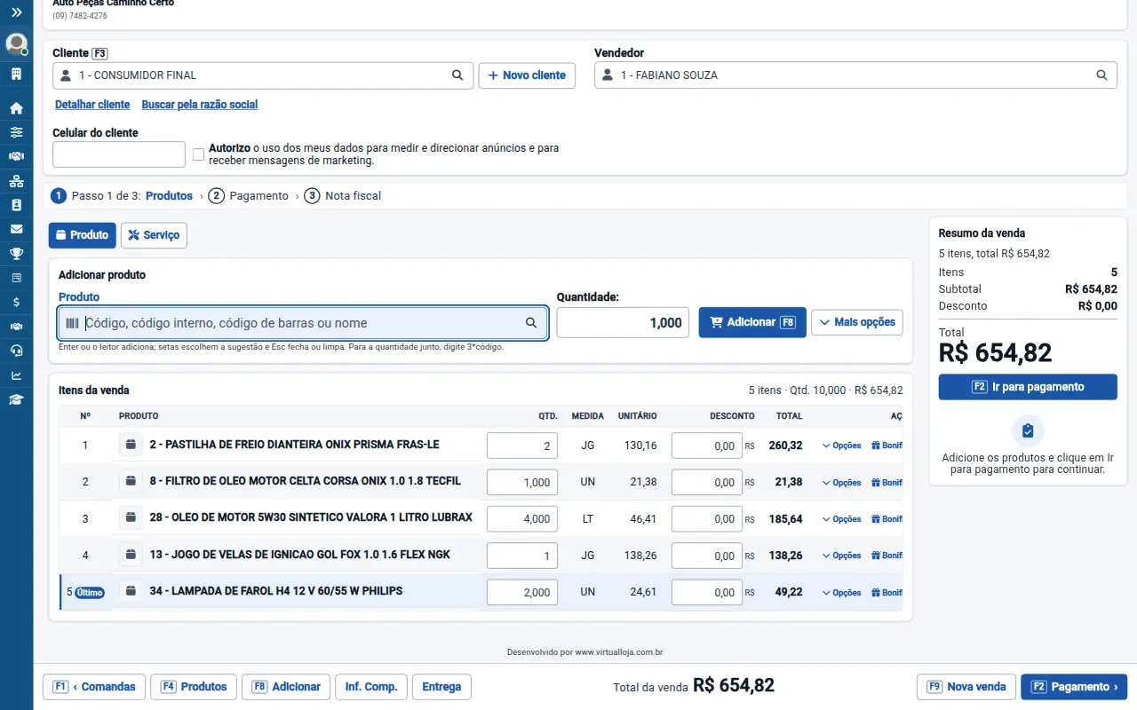 Tela de venda no balcão do VirtualWeb para autopeças, com dados de demonstração