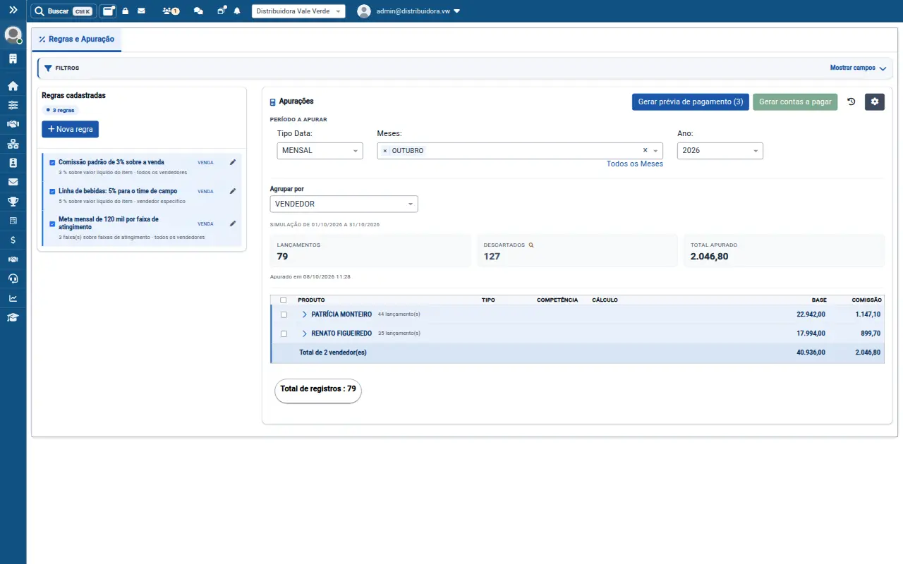 Tela de comissões do VirtualWeb para distribuidora e atacado, com dados de demonstração