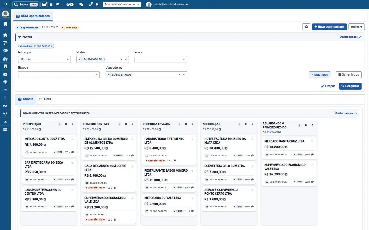 Tela de crm em quadro do VirtualWeb para distribuidora e atacado, com dados de demonstração