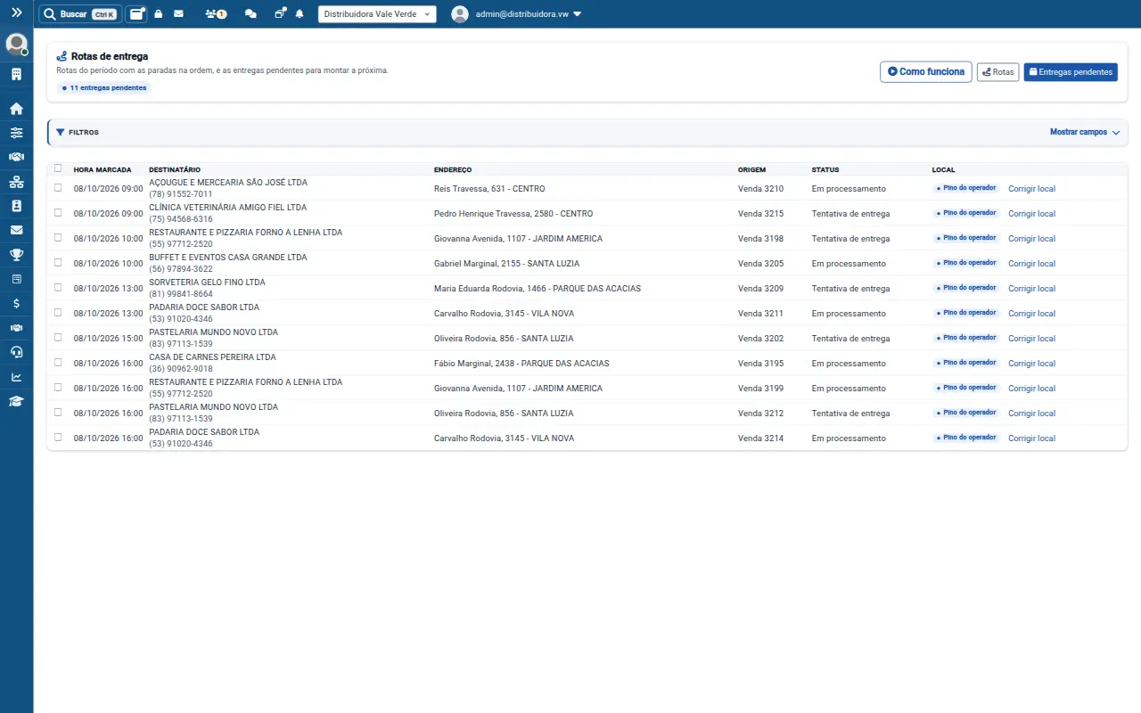 Tela de entregas pendentes do VirtualWeb para distribuidora e atacado, com dados de demonstração